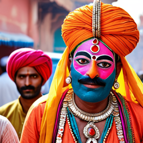 Home 15 A street performer in Jaipur wearing a vibrant, colorful Rajasthani puppet costume, captivating a crowd. Focus on the traditional textiles and detailed embellishments.