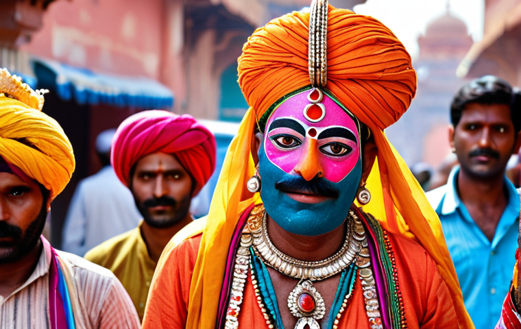 A street performer in Jaipur wearing a vibrant, colorful Rajasthani puppet costume, captivating a crowd. Focus on the traditional textiles and detailed embellishments.