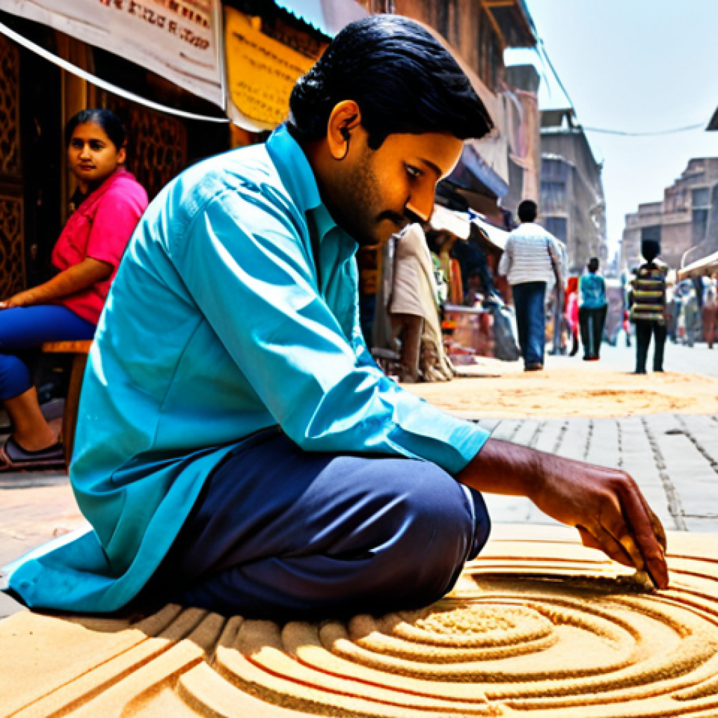 Vibrant Indian Street Artist Creating Art**

A skilled Indian street artist, fully clothed in modest, traditional attire, intently creating intricate sand art on the ground or painting a lively cityscape mural on a portable canvas. The setting is a bustling Indian city street or a colorful market alley, with blurred historic buildings or vibrant stalls in the background. Natural daylight illuminates the scene. A small group of diverse, fully clothed onlookers are respectfully observing the art. Professional photography, high detail, realistic, sharp focus on the artist and their creation, perfect anatomy, correct proportions, natural pose, well-formed hands, proper finger count, natural body proportions, safe for work, appropriate content, family-friendly.

**