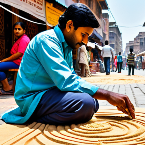 Home 14 Vibrant Indian Street Artist Creating Art**
A skilled Indian street artist, fully clothed in modest, traditional attire, intently creating intricate sand art on the ground or painting a lively cityscape mural on a portable canvas. The setting is a bustling Indian city street or a colorful market alley, with blurred historic buildings or vibrant stalls in the background. Natural daylight illuminates the scene. A small group of diverse, fully clothed onlookers are respectfully observing the art. Professional photography, high detail, realistic, sharp focus on the artist and their creation, perfect anatomy, correct proportions, natural pose, well-formed hands, proper finger count, natural body proportions, safe for work, appropriate content, family-friendly.
**