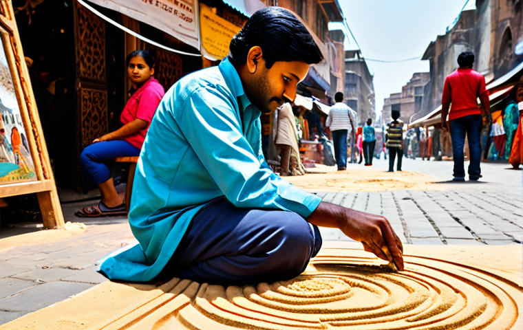 Vibrant Indian Street Artist Creating Art**
A skilled Indian street artist, fully clothed in modest, traditional attire, intently creating intricate sand art on the ground or painting a lively cityscape mural on a portable canvas. The setting is a bustling Indian city street or a colorful market alley, with blurred historic buildings or vibrant stalls in the background. Natural daylight illuminates the scene. A small group of diverse, fully clothed onlookers are respectfully observing the art. Professional photography, high detail, realistic, sharp focus on the artist and their creation, perfect anatomy, correct proportions, natural pose, well-formed hands, proper finger count, natural body proportions, safe for work, appropriate content, family-friendly.
**