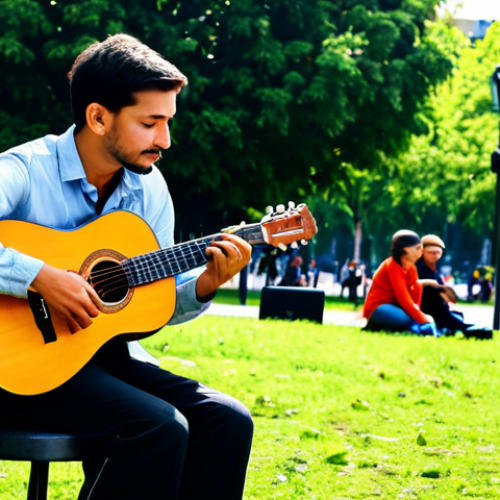 Home 7 A street musician, fully clothed in modest, comfortable attire, plays an acoustic guitar with genuine emotion, seated on a portable stool. They are performing in a sunlit urban park, surrounded by lush greenery and distant city architecture. A small, attentive group of passersby is captivated by the performance, their expressions reflecting appreciation. The scene conveys a sense of peaceful artistry and community engagement. perfect anatomy, correct proportions, natural pose, well-formed hands, proper finger count, natural body proportions, safe for work, appropriate content, fully clothed, modest, professional photography, high quality.