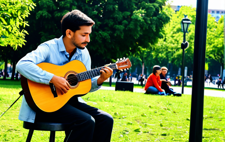 A street musician, fully clothed in modest, comfortable attire, plays an acoustic guitar with genuine emotion, seated on a portable stool. They are performing in a sunlit urban park, surrounded by lush greenery and distant city architecture. A small, attentive group of passersby is captivated by the performance, their expressions reflecting appreciation. The scene conveys a sense of peaceful artistry and community engagement. perfect anatomy, correct proportions, natural pose, well-formed hands, proper finger count, natural body proportions, safe for work, appropriate content, fully clothed, modest, professional photography, high quality.