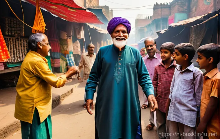 거리공연과 퍼포먼스 아트 - **Prompt:** "A vibrant scene of an elderly Indian street magician, with a kind smile and dressed in ...
