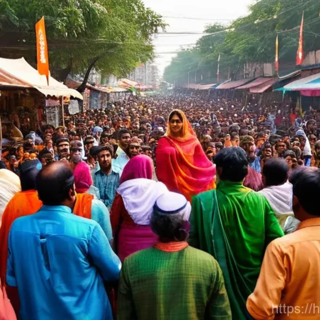 거리공연과 국제 문화 교류 - **A Vibrant Indian Street Play (Nukkad Natak)**
A dynamic, high-angle street photography shot ca...