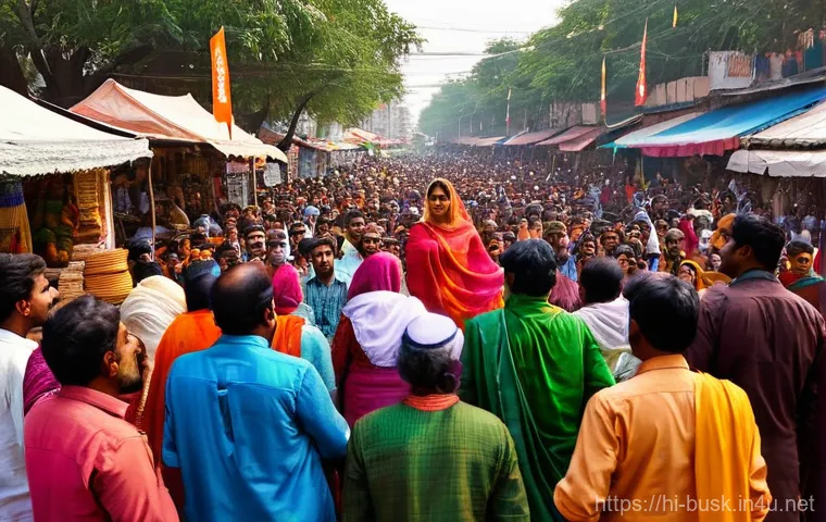 거리공연과 국제 문화 교류 - **A Vibrant Indian Street Play (Nukkad Natak)**
A dynamic, high-angle street photography shot ca...