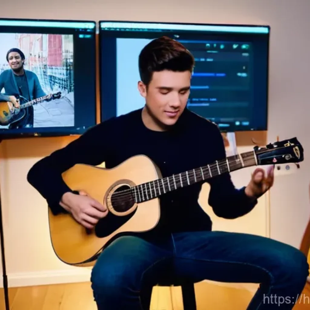 거리공연을 위한 SNS 마케팅 - **Prompt: The Digital Musician's Performance**
A young, vibrant musician, fully clothed in styli...