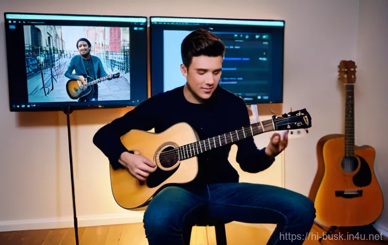 거리공연을 위한 SNS 마케팅 - **Prompt: The Digital Musician's Performance**
A young, vibrant musician, fully clothed in styli...