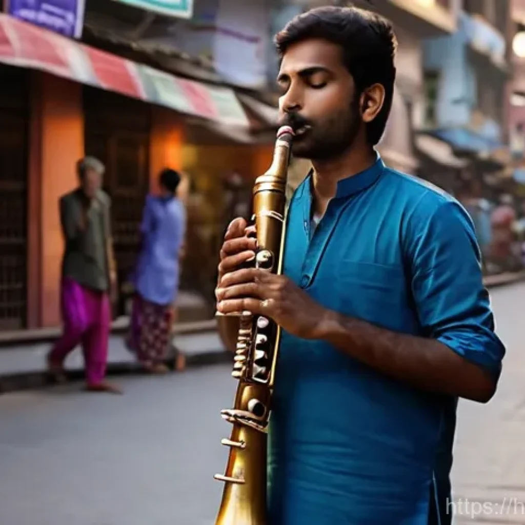 거리공연에 대한 시민들의 인식 - **"A captivating scene of an Indian street musician playing a traditional flute (bansuri) in a bustl...