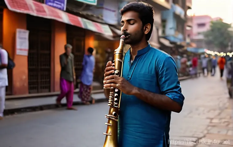 거리공연에 대한 시민들의 인식 - **"A captivating scene of an Indian street musician playing a traditional flute (bansuri) in a bustl...