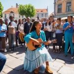 거리공연의 관객층 분석 - **Vibrant Street Musician and Engaged Audience:**
A talented young female street musician, in he...