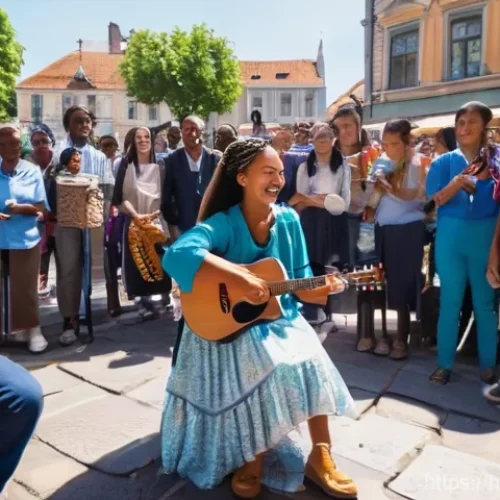 거리공연의 관객층 분석 - **Vibrant Street Musician and Engaged Audience:**
    A talented young female street musician, in he...