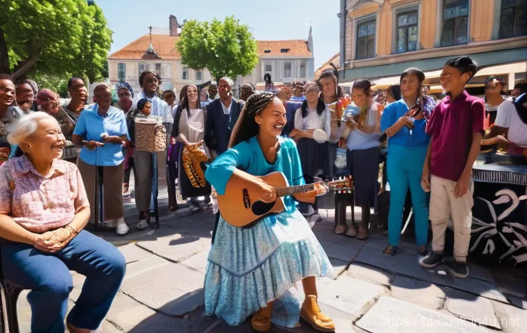 거리공연의 관객층 분석 - **Vibrant Street Musician and Engaged Audience:**
A talented young female street musician, in he...