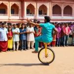 거리공연에서의 관객 안전 문제 - **Prompt:** A vibrant street performance scene in an Indian city, with a male acrobat wearing a colo...