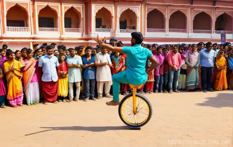 거리공연에서의 관객 안전 문제 - **Prompt:** A vibrant street performance scene in an Indian city, with a male acrobat wearing a colo...