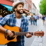 거리공연 마케팅 전략 - **Prompt:** A dynamic street musician, a male guitarist in his late 20s, with a stylish but casual o...