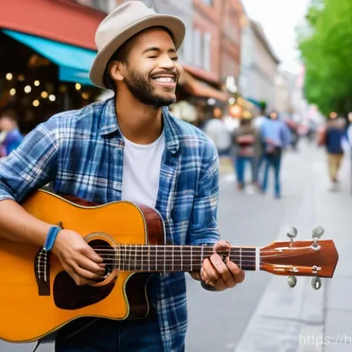 거리공연 마케팅 전략 - **Prompt:** A dynamic street musician, a male guitarist in his late 20s, with a stylish but casual o...