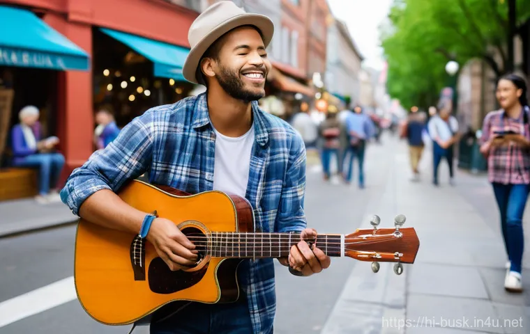 거리공연 마케팅 전략 - **Prompt:** A dynamic street musician, a male guitarist in his late 20s, with a stylish but casual o...