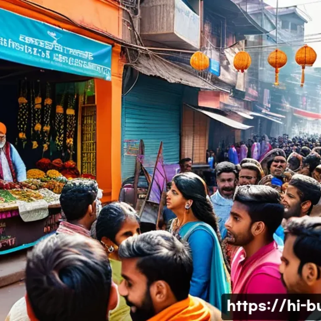 거리공연을 위한 광고 캠페인 - A vibrant street performance scene in an Indian urban market setting during daytime, featuring diver...