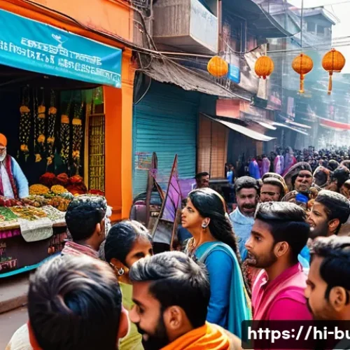 Home 33 거리공연을 위한 광고 캠페인 - A vibrant street performance scene in an Indian urban market setting during daytime, featuring diver...