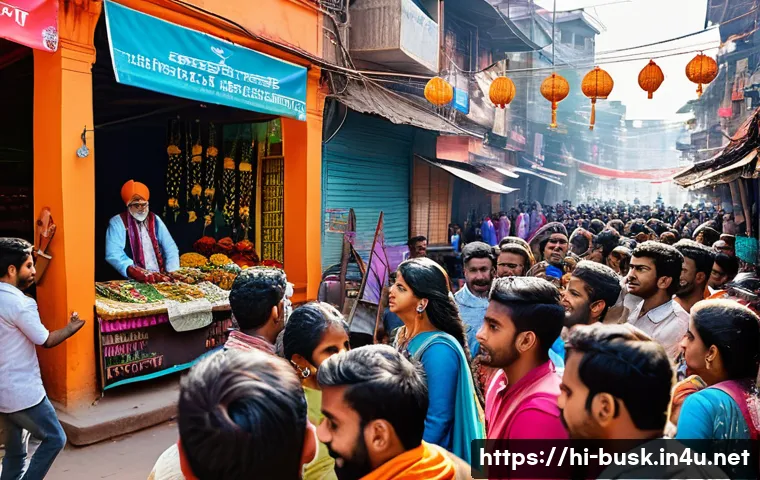 거리공연을 위한 광고 캠페인 - A vibrant street performance scene in an Indian urban market setting during daytime, featuring diver...