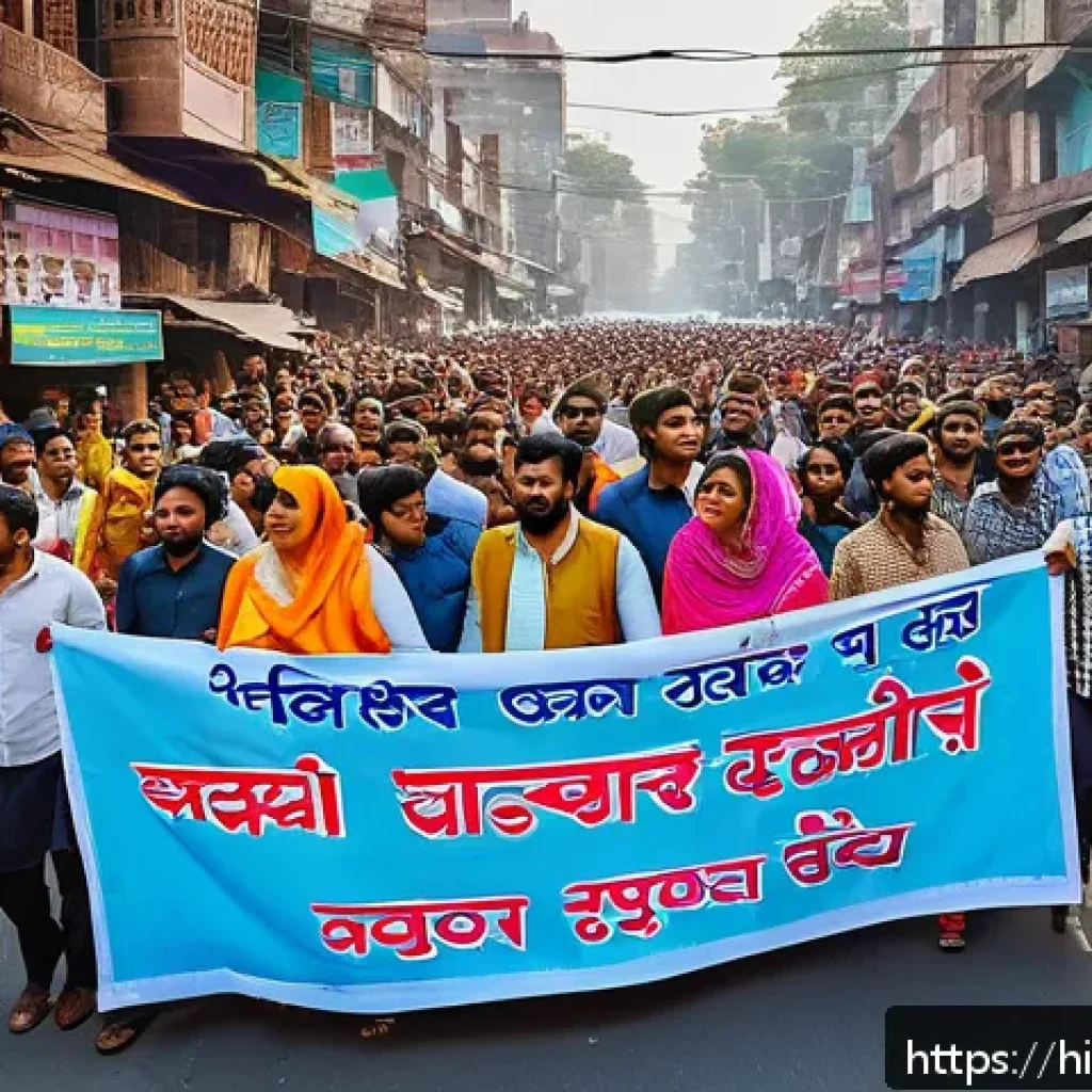 거리공연에서의 사회적 역할 - A vibrant and peaceful street march in an Indian urban setting, featuring diverse groups of men and ...